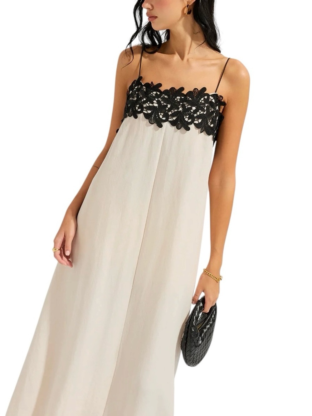 Commense Linen Blend Oatmeal Beige Maxi Dress Small NWT Black Lace Relaxed Fit